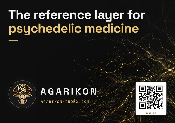 Agarikon laptop skin on near-black with fine gold network line art, the headline “The reference layer for psychedelic medicine”, the gold circuit-mushroom mark in a ring, the AGARIKON wordmark, agarikon-index.com and a QR code.