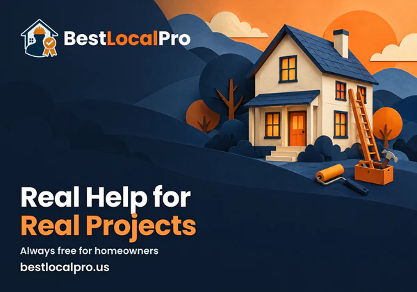 Best Local Pro laptop skin with a paper-cut illustration of a house with a ladder, paint roller and toolbox under an orange sky on navy, the BestLocalPro logo, the headline “Real Help for Real Projects”, the line “Always free for homeowners” and bestlocalpro.us.