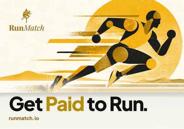 RunMatch laptop skin with a gold-and-black poster of a runner mid-stride in front of a big gold sun on cream, the RunMatch logo, the headline “Get Paid to Run.” and runmatch.io.